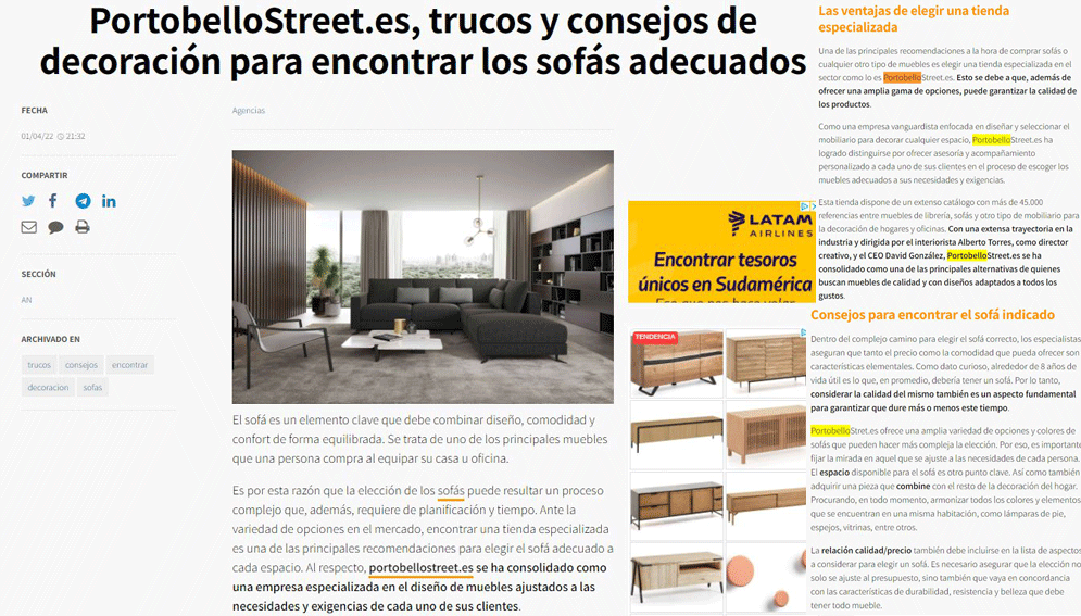 PortobelloStreet.es, trucos y consejos de decoración para encontrar los sofás adecuados