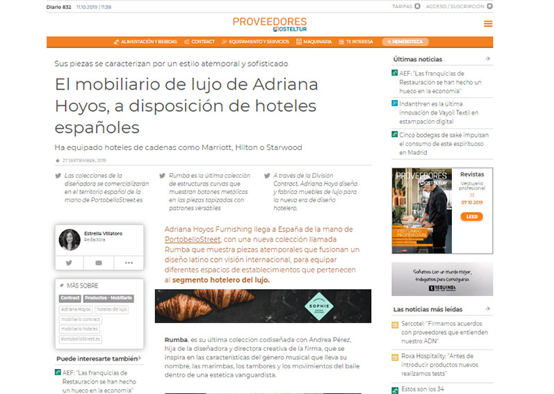 El mobiliario de lujo de Adriana Hoyos, a disposición de hoteles españoles