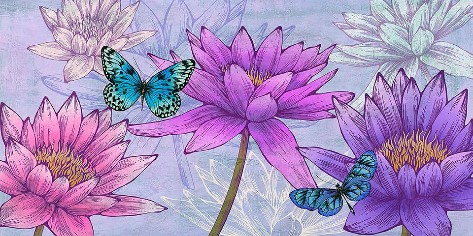 Cuadro canvas flores nympheas and butterflies