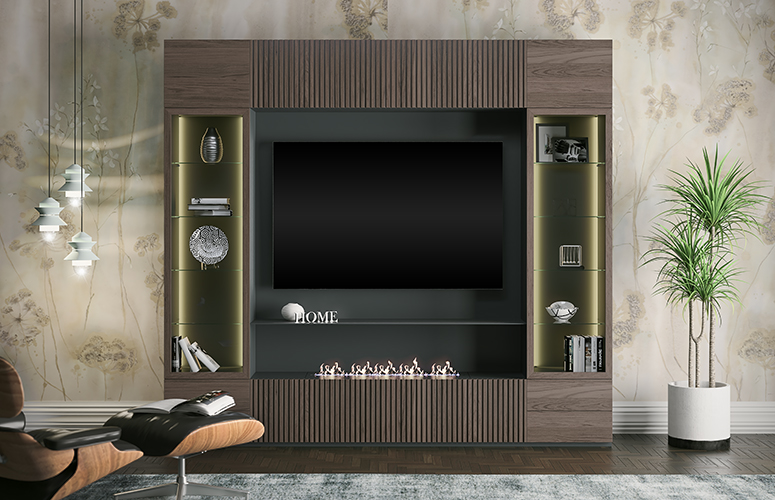Mueble de salón con Chimenea y con LED Composición de salón TV Mueble TV  Conjunto de