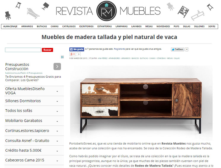 Muebles de madera tallada y piel natural de vaca con Portobello